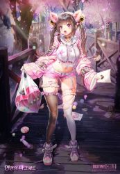 Rule 34 | animal ears, bow, breasts, brown hair, candy, cat ears, collar, destiny child, food, frilled legwear, hair bow, highres, hood, hoodie, large breasts, light rays, mail, midriff, navel, pakhet (destiny child), petals, pink shorts, purple eyes, short shorts, shorts, skindentation, star (symbol), thigh strap, thighhighs, torn clothes, torn legwear, twintails, untied footwear