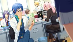 Rule 34 | 3boys, 3girls, adjusting eyewear, ahoge, armband, badge, belt, blonde hair, blue eyes, blue hair, blue vest, blurry, blurry foreground, book, book stack, brown hair, cabinet, closed eyes, coat, commentary, computer, crossed legs, cup, desk, dutch angle, executive student council (module), faceless, faceless female, folder, genius (module), grey skirt, hand on eyewear, holding, holding folder, holding paper, holding pen, kagamine len, kaito (vocaloid), kamui gakupo, laptop, long hair, looking back, megurine luka, meiko (vocaloid), miniskirt, mug, multiple boys, multiple girls, necktie, nokuhashi, office, paper, pen, pink hair, pleated skirt, ponytail, project diva (series), purple hair, recruiter (module), school, school uniform, sitting, skirt, sleeves rolled up, smile, standing, swivel chair, v-shaped eyebrows, vest, vocaloid, white coat, window, yellow neckwear