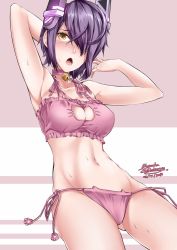 Rule 34 | 10s, 1girl, 2016, armpits, arms up, artist name, bell, neck bell, neck bell, blush, breasts, cat cutout, cat ear panties, cat lingerie, choker, cleavage, cleavage cutout, clothing cutout, collar, dated, espada gcon, eyepatch, fang, hair over one eye, headgear, highres, jingle bell, kantai collection, meme attire, midriff, navel, open mouth, panties, pink panties, purple hair, saliva, short hair, side-tie panties, signature, solo, sweat, sweatdrop, tenryuu (kancolle), underwear, yellow eyes