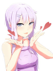 Rule 34 | 1girl, :d, abmayo, bare shoulders, blowing kiss, blush, collarbone, criss-cross halter, dress, hair between eyes, hair ornament, hair tubes, hairclip, halterneck, heart, highres, long hair, looking at viewer, low twintails, open mouth, palms, purple dress, purple hair, silver hair, simple background, sleeveless, sleeveless dress, smile, solo, tsurime, twintails, upper body, vocaloid, voiceroid, white background, yuzuki yukari