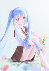 Rule 34 | 1girl, absurdres, amaroku neko, aqua hair, blue eyes, blue hair, brown skirt, chinese commentary, collarbone, commentary, flower, full body, hatsune miku, highres, holding, holding flower, long hair, looking at viewer, neckerchief, no shoes, panties, panties under pantyhose, pantyhose, parted lips, pleated skirt, rose, sailor collar, school uniform, serafuku, shirt, short sleeves, sitting, skirt, solo, striped clothes, striped panties, thighs, twintails, underwear, very long hair, vocaloid, white flower, white pantyhose, white rose, white shirt