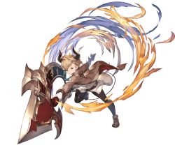 Rule 34 | 10s, 1girl, belt, black pantyhose, blonde hair, blue eyes, draph, full body, granblue fantasy, hair over one eye, holding, holding weapon, horns, huge weapon, jacket, laguna (granblue fantasy), minaba hideo, official art, pantyhose, pointy ears, shoes, short hair, skirt, solo, transparent background, weapon