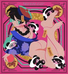 Rule 34 | 1girl, animal costume, ass, barefoot, black hair, bottomless, green eyes, jiangshi, lying, on stomach, original, panda costume, ponytail, shino bunnys, the pose