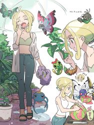 Rule 34 | 1girl, ahoge, alternate costume, beautifly, blonde hair, blush stickers, butterfree, caterpie, chibi, chibi inset, closed eyes, closed mouth, collarbone, commentary request, creatures (company), dated, eyelashes, game freak, gen 1 pokemon, gen 3 pokemon, gen 6 pokemon, green eyes, green footwear, gym leader, hand up, holding, holding leaf, leaf, medium hair, metapod, midriff peek, multiple views, nibo (att 130), nintendo, open mouth, pants, plant, pokemon, pokemon (creature), pokemon xy, potted plant, sandals, sliggoo, smile, spewpa, standing, surskit, tearing up, themed object, toes, tongue, viola (pokemon), vivillon, vivillon (garden), vivillon (meadow), watering can, weedle, yawning