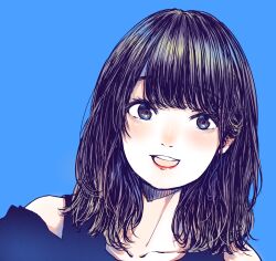 Rule 34 | 1girl, black eyes, black hair, blue background, blush, highres, long hair, looking at viewer, open mouth, original, portrait, shadow, shinkoku, simple background, smile, solo