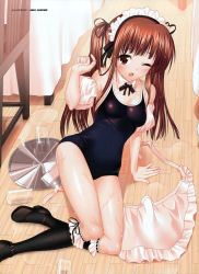 Rule 34 | 1girl, absurdres, apron, black one-piece swimsuit, brown hair, highres, legs, long hair, one-piece swimsuit, original, school swimsuit, solo, suzume inui, swimsuit, tray, twintails, waitress, water, wet