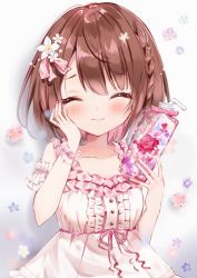 Rule 34 | 1girl, ^ ^, absurdres, bare shoulders, bendy straw, blush, bottle, breasts, brown hair, center frills, closed eyes, closed mouth, collarbone, dress, drinking straw, facing viewer, fingernails, floral background, flower, frills, grey background, hair between eyes, hand on own face, hand up, highres, holding, holding bottle, huge filesize, kotamun, multicolored hair, nail polish, original, pink flower, pink hair, pink ribbon, purple flower, purple nails, red flower, red rose, ribbon, rose, sleeveless, sleeveless dress, small breasts, smile, solo, two-tone hair, uponwww, white dress