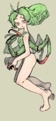 Rule 34 | 1girl, antenna hair, arthropod girl, arthropod limbs, brown background, claws, closed mouth, full body, green hair, highres, looking at viewer, mantis girl, monster girl, original, oyomotin, red eyes, short eyebrows, short hair, simple background, solo, standing, tongue, tongue out