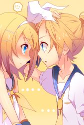 Rule 34 | 1boy, 1girl, bare shoulders, blonde hair, blue eyes, blush, brother and sister, embarrassed, eye contact, hair ornament, hair ribbon, hairclip, highres, kagamine len, kagamine rin, looking at another, necktie, open mouth, ribbon, sailor collar, short hair, siblings, tears, temari (deae), twins, vocaloid, yellow necktie