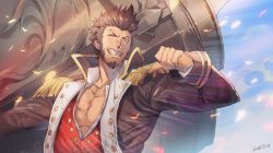 Rule 34 | 1boy, beard, blue eyes, brown hair, epaulettes, facial hair, fate/grand order, fate (series), holding, holding weapon, jacket, long sideburns, long sleeves, looking at viewer, pectoral cleavage, male focus, military, napoleon bonaparte (fate), no-kan, open clothes, open jacket, pectorals, short hair, sideburns, sky, smile, solo, teeth, uniform, weapon