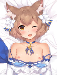 Rule 34 | 10s, 1boy, :3, :d, animal ears, arm ribbon, bare shoulders, bed sheet, blue bow, blue neckwear, blue ribbon, blush, bob cut, bolo tie, bow, breasts, brown eyes, brown hair, cat boy, cat ears, choker, close-up, clothes pull, collarbone, dakimakura (medium), detached sleeves, dress, dress bow, dress pull, eyelashes, fang, felix argyle, frills, hair between eyes, hair bow, jewelry, lips, looking at viewer, lying, male focus, nipples, off shoulder, on back, one eye closed, open mouth, parted bangs, pendant, raised eyebrows, re:zero kara hajimeru isekai seikatsu, ribbon, shiny skin, short eyebrows, short hair, small breasts, smile, solo, strap slip, striped clothes, striped dress, thick eyebrows, trap, upper body, vertical-striped clothes, vertical-striped dress, white bow, yaguo