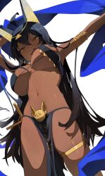 Rule 34 | 1girl, ahoge, animal ears, armlet, arms up, black hair, blush, breasts, cleavage, dark-skinned female, dark skin, fang, feet out of frame, from below, highres, large breasts, loincloth, long hair, looking at viewer, looking down, navel, open mouth, original, outstretched arm, shawl, skindentation, solo, standing, swimsuit, thigh strap, tonki, v-shaped eyebrows, white background, yellow eyes