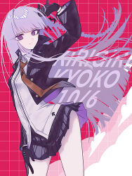 Rule 34 | 1girl, arm up, beri ame, black gloves, black ribbon, blunt bangs, braid, breasts, brown necktie, character name, closed mouth, collared shirt, cowboy shot, danganronpa: trigger happy havoc, danganronpa (series), dated, gloves, hair ribbon, highres, jacket, kirigiri kyoko, leaning to the side, long hair, long sleeves, looking at viewer, miniskirt, necktie, open clothes, open jacket, pale skin, purple eyes, purple hair, purple jacket, red background, ribbon, shirt, side braid, skirt, small breasts, solo