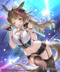 Rule 34 | 1girl, :d, animal ears, black shorts, blue nails, bow, breasts, brown hair, cleavage, concert, copyright name, cropped shirt, crowd, double v, evertale, fingernails, garter straps, green eyes, hair bow, hands up, highres, holding, holding microphone, horse ears, horse tail, idol, large breasts, logo, looking at viewer, microphone, midriff, multicolored hair, nail polish, navel, official art, one eye closed, open mouth, sage joh, shirt, short shorts, shorts, smile, solo, standing, streaked hair, tail, thighhighs, v, white shirt