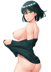Rule 34 | 1girl, ass, bare shoulders, black hair, blunt bangs, breasts, clothes lift, dress, dress lift, from side, fubuki (one-punch man), green eyes, half-closed eyes, highres, lifted by self, medium breasts, nipples, no bra, no panties, ocza, off shoulder, one-punch man, short hair, sideboob, simple background, smile, solo, undressing, white background