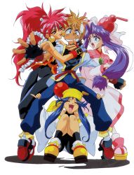 Rule 34 | 1990s (style), 1boy, bike shorts, bloodberry, blue eyes, blue hair, cherry (saber j), closed mouth, earrings, fangs, fingerless gloves, gloves, grin, high ponytail, hug, jewelry, lime (saber j), lipstick, long hair, long sleeves, makeup, mamiya otaru, official art, open mouth, outstretched arm, parted lips, pinky out, platform footwear, purple hair, red eyes, red hair, red lips, retro artstyle, saber marionette j, sidelocks, simple background, smile, squatting, standing, sweatdrop, white background