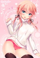 Rule 34 | 1girl, :d, anchor hair ornament, black thighhighs, green eyes, hair ornament, ichiyou moka, kantai collection, long hair, looking at viewer, open mouth, orange hair, panties, prinz eugen (kancolle), red panties, smile, solo, sweater, thighhighs, translated, turtleneck, turtleneck sweater, twintails, twitter username, underwear