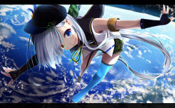 Rule 34 | 1girl, :d, absurdly long hair, aqua hair, aqua thighhighs, armband, backlighting, bad id, bad pixiv id, bare shoulders, baseball cap, bent over, black gloves, black hat, black sailor collar, blue eyes, bridal gauntlets, camouflage, camouflage shorts, cloud, commentary, fingerless gloves, floating hair, full body, garter straps, gloves, green ribbon, hair ribbon, hat, heterochromia, highres, letterboxed, light particles, long hair, looking at viewer, multicolored hair, neck ribbon, open mouth, original, outdoors, outstretched arms, plaid, plaid ribbon, planet, ponytail, ribbon, sailor collar, sanpaku, sasahara wakaba, shirt, short shorts, shorts, silver hair, single bridal gauntlet, single garter strap, single glove, single thighhigh, sleeveless, sleeveless shirt, smile, solo, space, streaked hair, thighhighs, thighs, very long hair, white shirt, yellow eyes, yellow ribbon