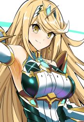 Rule 34 | 1girl, armpits, blonde hair, breasts, chest jewel, dress, earrings, headpiece, highres, jewelry, long hair, looking at viewer, mythra (massive melee) (xenoblade), mythra (xenoblade), nintendo, one-hour drawing challenge, smile, solo, swept bangs, synchroman, white dress, xenoblade chronicles (series), xenoblade chronicles 2, yellow eyes