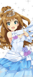 Rule 34 | 10s, 1girl, bare shoulders, blue eyes, breasts, brown hair, detached sleeves, dress, earrings, flower, hino akane (idolmaster), idolmaster, idolmaster cinderella girls, jewelry, long hair, mizuki makoto, necklace, pointing, pointing at viewer, rose, simple background, solo, sparkle, strapless, strapless dress, tiara