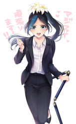 Rule 34 | 1girl, :d, bad id, bad pixiv id, black footwear, black hair, black jacket, black pants, blue hair, collared shirt, dress shirt, floating hair, flower, formal, grey eyes, hair flower, hair ornament, high heels, highres, holding, holding weapon, jacket, long hair, long sleeves, looking at viewer, multicolored hair, office lady, one-punch man, open clothes, open jacket, open mouth, pant suit, pants, ponytail, pumps, sansetsukon no lily, shirt, smile, solo, standing, standing on one leg, streaked hair, suit, unnmr2, very long hair, weapon, white flower, white shirt, wing collar