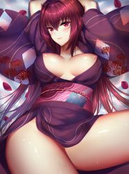 Rule 34 | 1girl, arms up, bad id, bad pixiv id, bed sheet, blush, breasts, breasts apart, closed mouth, fate/grand order, fate (series), floral print, hair between eyes, hair intakes, hip focus, japanese clothes, kimono, large breasts, long hair, long sleeves, lying, mallizmora, obi, on back, petals, purple hair, purple kimono, red eyes, red hair, sash, scathach (fate), shiny skin, solo, sweat, thighs, very long hair, wide sleeves