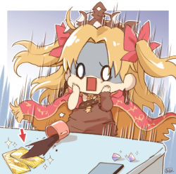 Rule 34 | 1girl, aruti, black tiara, blonde hair, cellphone, chibi, cloak, coffee, coffee cup, cup, disposable cup, earrings, ereshkigal (fate), fate/grand order, fate (series), gold trim, hair ribbon, hands on own cheeks, hands on own face, hood, hooded cloak, hoop earrings, jewelry, long hair, open mouth, panicking, phone, red cloak, red ribbon, ribbon, saint quartz fragment, shaded face, skull, skull collar, smartphone, solo, spill, spilling, spine, summon ticket (fate), surprised, tiara, white eyes, wide-eyed
