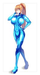 Rule 34 | 1girl, blonde hair, blue eyes, blush, bodysuit, breasts, covered navel, full body, hand on own hip, highres, large breasts, long hair, looking at viewer, metroid, metroid (classic), nintendo, parted lips, ponytail, samus aran, solo, volyz, zero suit