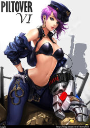 Rule 34 | 1girl, absurdres, belt, blitzcrank, blue eyes, bra, breasts, caitlyn (league of legends), character name, cherrylich, cigarette, cleavage, daeho cha, earrings, gloves, hand on own hip, hat, highres, jacket, jewelry, league of legends, lipstick, long sleeves, makeup, mechanical arms, navel, officer vi, open pants, pants, pink hair, police, police hat, police uniform, policewoman, red lips, robot, single mechanical arm, solo, underwear, uniform, vi (league of legends), white gloves