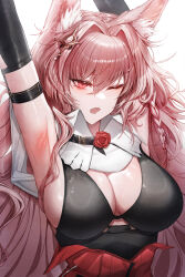 Rule 34 | 1girl, absurdres, animal ears, arknights, armpits, arms up, black bra, bra, braid, breasts, cleavage, commentary request, hair intakes, hair ornament, high-waist skirt, highres, large breasts, one eye closed, onedr, open mouth, pink hair, pozyomka (arknights), red eyes, red skirt, simple background, single braid, skirt, solo, underwear, white background, wolf ears, wolf girl