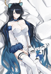 Rule 34 | 1girl, absurdres, android, animal ears, black hair, blue bow, blue eyes, blue hair, bow, breasts, cleavage, cleavage cutout, clothing cutout, commentary, commission, dress, english commentary, erina makina, fur trim, gradient hair, hair over one eye, halo, highres, large breasts, long hair, looking at viewer, mechanical arms, multicolored hair, phase connect, pixiv commission, see-through, see-through cleavage, see-through dress, single mechanical arm, sitting, smile, so shio, solo, tail, tail bow, tail ornament, thigh strap, thighhighs, tiger ears, tiger tail, very long hair, virtual youtuber, white dress, white thighhighs