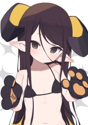 Rule 34 | 1girl, animal hands, bikini, black bikini, black eyes, black hair, blush, closed mouth, commentary request, curled horns, dot mouth, expressionless, flat chest, gamuo, gloves, hair between eyes, horns, long hair, looking at viewer, navel, original, paw gloves, pointy ears, solo, swimsuit, two-tone background, upper body