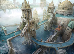 Rule 34 | aqueduct, arch, architecture, boat, building, day, dome, fantasy, from above, highres, magic: the gathering, outdoors, pier, rooftop, sailboat, scenery, sigil, statue, tower, water, watercraft, waterfall, yeong-hao han