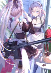 Rule 34 | 1girl, 9a-91, 9a-91 (bullets cafe) (girls&#039; frontline), 9a-91 (girls&#039; frontline), alternate costume, apron, assault rifle, back, backless dress, backless outfit, bare back, beret, blue eyes, blush, boots, bow, breasts, cleavage, corset, dress, frills, girls&#039; frontline, gun, hair between eyes, hair ornament, hair ribbon, hands up, hat, highres, long hair, looking at mirror, magazine (weapon), maid, maid apron, maid headdress, medium breasts, mirror, ponytail, pottsness, red hat, reflection, ribbon, rifle, scope, sidelocks, silver hair, solo, suppressor, thighhighs, unworn hat, unworn headwear, very long hair, waist apron, weapon, white ribbon