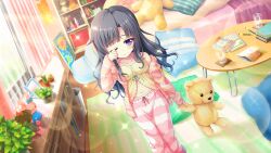Rule 34 | 1girl, bed, bedroom, black hair, blue eyes, book, book stack, camisole, closed mouth, coaster, collarbone, cup, dot nose, drinking glass, dutch angle, film grain, game cg, green ribbon, hair down, holding, holding stuffed toy, indoors, itsumura yukari, izumi tsubasu, lens flare, long hair, long sleeves, navel, non-web source, official art, one eye closed, pajamas, pen, picture frame, pillow, pink pajamas, plant, poster (object), potted plant, re:stage!, ribbon, round table, rubbing eyes, rug, single off shoulder, sleepy, solo, sparkle, stomach, stuffed animal, stuffed rabbit, stuffed toy, sunlight, table, teddy bear, window, wooden table, yellow camisole
