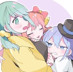 Rule 34 | 3girls, :3, arm around shoulder, bell, bell (rbb), black shirt, blue (rbb), blue eyes, blue hair, blush, bow, breast pillow, breasts, clenched teeth, closed eyes, commentary request, furrowed brow, gabu (gabutoasobo), glaring, green eyes, green hair, hair bell, hair bow, hair ornament, hair scrunchie, half-closed eyes, hat, highres, jacket, large breasts, long hair, looking at another, looking at viewer, looking to the side, low ponytail, mini hat, multiple girls, open clothes, open jacket, open mouth, pink hair, profile, purple background, rainy (rbb), rainybluebell, red bow, scowl, scrunchie, shirt, simple background, teeth, top hat, upper body, v-shaped eyebrows, white shirt, yellow jacket