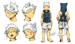 Rule 34 | 1boy, absurdres, animal ears, blue hoodie, blue shirt, cat boy, cat ears, draugnut, full body, hand on own hip, highres, hood, hoodie, looking at viewer, multiple views, no shoes, portrait, shirt, shorts, sleeveless, sleeveless shirt, standing, white hair, white shorts, yellow eyes