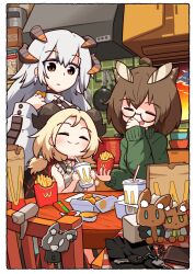 Rule 34 | 3girls, ahoge, arknights, blonde hair, blush, border, bottle, bowl, bowl stack, box, brand name imitation, brown eyes, brown hair, cardboard box, chair, character doll, chibi, chicken nuggets, closed eyes, cloud, commentary, condiment packet, cooking pot, counter, cup, demon girl, demon horns, disposable cup, disposable cup holder, dress, drink, drinking straw, fast food, feather hair, food, french fries, frying pan, glass, green sweater, grey dress, grey hair, hair between eyes, highres, holding, holding drink, holding food, horns, ifrit (arknights), indoors, kado (hametunoasioto), ketchup, long hair, looking at another, looking down, looking up, mcdonald&#039;s, multiple girls, owl girl, parted bangs, saria (arknights), sauce, short twintails, silence (arknights), sitting, smile, spray bottle, sunset, sweater, table, twintails, upper body, wallet, wcdonald&#039;s, wind, yoru mac