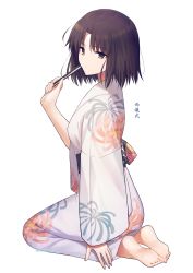 Rule 34 | 1girl, absurdres, bad id, bad pixiv id, barefoot, black hair, commentary request, from side, frown, highres, holding, japanese clothes, kara no kyoukai, kimono, kneeling, looking at viewer, okakasushi, ryougi shiki, short hair, simple background, sitting, solo, translation request, white background, white kimono, wide sleeves