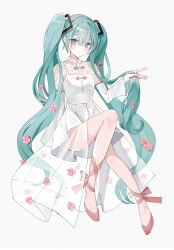 Rule 34 | 1girl, aqua eyes, aqua hair, breasts, commentary request, dress, flower, full body, grey background, hair between eyes, hair flower, hair ornament, hatsune miku, highres, holding, holding own hair, iren lovel, long hair, long sleeves, looking at viewer, parted lips, pink flower, pink footwear, pleated dress, see-through, shoes, simple background, small breasts, solo, twintails, very long hair, vocaloid, white dress, wide sleeves