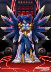 Rule 34 | 1girl, armor, blue hair, blue skin, breasts, butter-t, chaos (warhammer), claws, cleavage, colored skin, demon, demon girl, feathered wings, full body, games workshop, gem, hair ornament, hair over one eye, hands on own knees, head tilt, ignitrix, jewelry, khornette quest, large breasts, crossed legs, monster girl, pants, pauldrons, robe, short hair, shoulder armor, sitting, smile, solo, throne, twintails, tzeentch, warhammer, warhammer 40k, weapon, wide sleeves, wings, yellow eyes