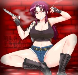 Rule 34 | 1girl, bad id, bad pixiv id, beretta 92, black lagoon, boots, breasts, cigarette, cleavage, clenched teeth, crop top, cross-laced footwear, cutoffs, denim, denim shorts, fingerless gloves, gloves, gun, handgun, highres, holster, lace-up boots, large breasts, long hair, okyou, pistol, ponytail, purple hair, revy (black lagoon), shirt, short shorts, shorts, shoulder holster, sitting, solo, spread legs, tank top, tattoo, taut clothes, taut shirt, teeth, weapon