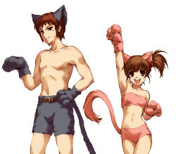Rule 34 | 00s, 1boy, 1girl, animal ears, armpits, brother and sister, brown hair, cat ears, cat tail, hisahiko, kyon, kyon no imouto, lowres, midriff, siblings, simple background, suzumiya haruhi no yuuutsu, tail, topless, white background