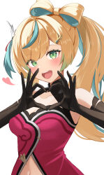 1girl absurdres bare_shoulders blonde_hair blush bow-shaped_hair breasts cleavage elbow_gloves gloves green_eyes heart heart_hands highres looking_at_viewer medium_breasts multicolored_hair navel nijisanji open_mouth simple_background streaked_hair tachitsute_toto takechi49 virtual_youtuber white_background