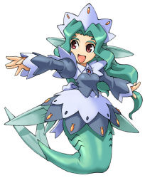 Rule 34 | 1girl, :d, fins, gills, green hair, head fins, headdress, kneeling, long hair, long sleeves, looking to the side, mermaid, monster girl, no nose, official art, open mouth, outstretched arms, pointy ears, puffy sleeves, red eyes, simple background, smile, solo, spread arms, summon night, white background