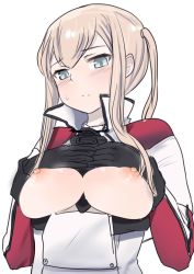 Rule 34 | 10s, 1girl, bad id, bad twitter id, black gloves, blonde hair, blue eyes, blush, breast suppress, breasts, breasts out, closed mouth, frown, gloves, graf zeppelin (kancolle), hair between eyes, hands on own chest, inactive account, kantai collection, long hair, long sleeves, medium breasts, military, military uniform, nipples, popped collar, sidelocks, simple background, solo, suga saru, sweat, twintails, uniform, upper body, white background