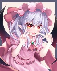 Rule 34 | 1girl, :d, absurdres, ascot, bat wings, black border, border, cowboy shot, double v, fangs, hat, hat ribbon, highres, looking at viewer, open mouth, pink hat, pink shirt, pink skirt, pointy ears, purple hair, red ascot, red eyes, red ribbon, remilia scarlet, ribbon, s vileblood, shirt, short hair, short sleeves, simple background, skin fangs, skirt, smile, solo, standing, touhou, v, white background, wings