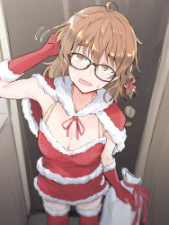 Rule 34 | 1girl, absurdres, ahoge, blurry, breasts, brown eyes, brown hair, capelet, character request, cleavage, copyright request, depth of field, elbow gloves, fur-trimmed capelet, fur trim, glasses, gloves, hair between eyes, hand in own hair, highres, looking at viewer, medium breasts, messy hair, red capelet, red thighhighs, sack, santa costume, short hair, solo, sweatdrop, thighhighs, unu (unucence)