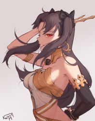 Rule 34 | 1girl, armlet, asymmetrical sleeves, crown, detached sleeves, earrings, fate/grand order, fate (series), hair ornament, highres, hoop earrings, ishtar (fate), jewelry, koharu1807, long hair, neck ring, one eye closed, parted bangs, red eyes, signature, simple background, single detached sleeve, single thighhigh, solo, thighhighs, tiara, twintails, two side up, uneven sleeves