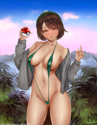 Rule 34 | 1girl, areola slip, artist name, blush, breasts, brown eyes, brown hair, cardigan, closed mouth, cloud, collared jacket, commentary request, cowboy shot, creatures (company), day, easonx, game freak, gloria (pokemon), green hat, green one-piece swimsuit, grey jacket, hands up, hat, highres, holding, holding poke ball, jacket, long sleeves, looking at viewer, medium breasts, navel, nintendo, nose blush, off shoulder, one-piece swimsuit, open clothes, open jacket, outdoors, poke ball, poke ball (basic), pokemon, pokemon swsh, revealing clothes, sky, slingshot swimsuit, smile, solo, standing, stomach, strap gap, swimsuit, swimsuit under clothes, tam o&#039; shanter